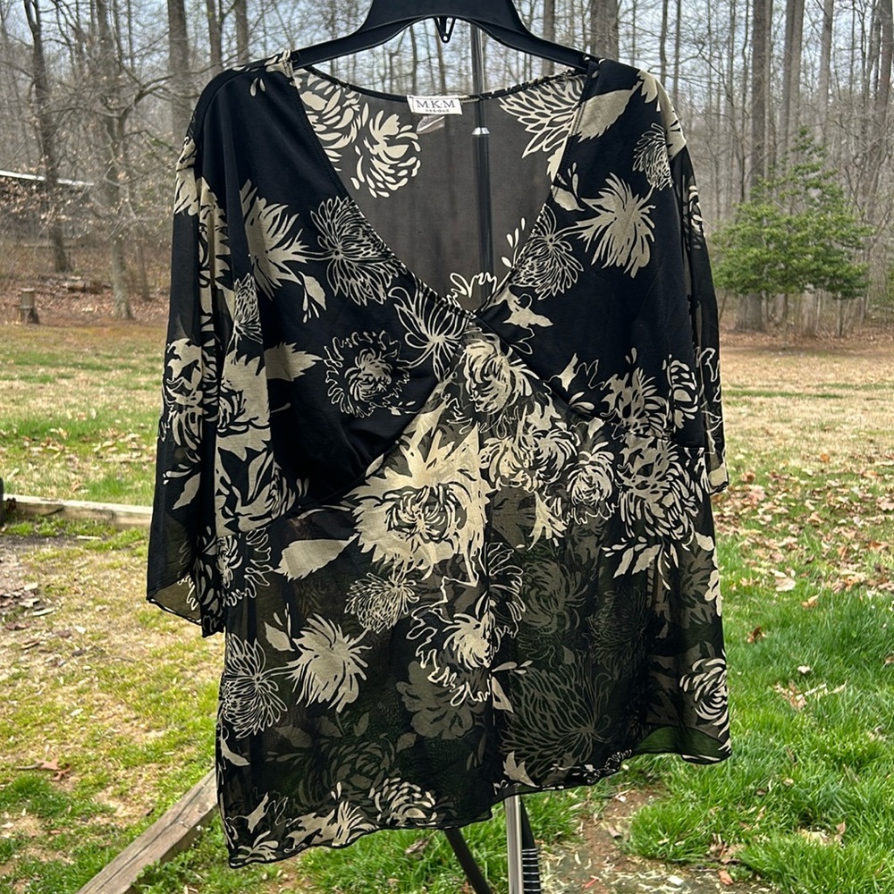 Mkm blouse see-through except over bust area. Size 20 Black and tan